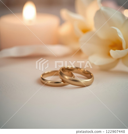 Close up of two polished, glowing gold bands stacked together, symbolizing love and unity in a romantic setting. 122907448