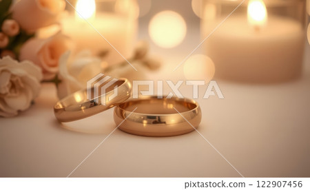 Close up of two polished, glowing gold bands stacked together, symbolizing love and unity in a romantic setting. 122907456