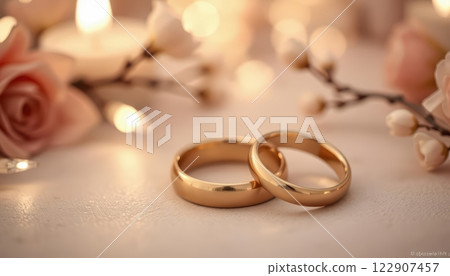 Close up of two polished, glowing gold bands stacked together, symbolizing love and unity in a romantic setting. 122907457