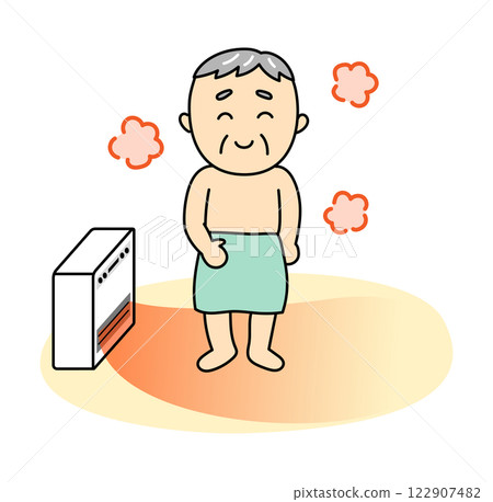 Smiling senior man before taking a bath to warm himself up with the heater 122907482