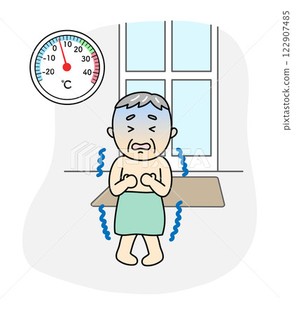 Senior man shivering before bathing in a cold changing room with a thermometer 122907485