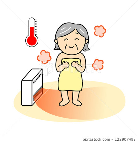 Smiling senior woman in a warm changing room with a thermometer Smiling senior woman in a warm changing room with a thermometer 122907492