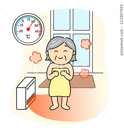 Smiling senior woman in a warm changing room with a thermometer before taking a bath Smiling senior woman in a warm changing room with a thermometer before taking a bath 122907493