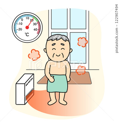 Smiling senior man in a warm changing room with a thermometer before taking a bath 122907494