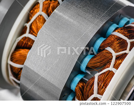 Close-Up of Copper Wires in an Electric Motor Coil Assembly in Industrial Setting 122907500
