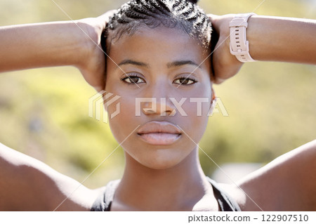Determined face, fitness training and black woman running for motivation, cardio exercise for health and healthy lifestyle in park. Portrait of focused athlete runner doing workout in nature 122907510