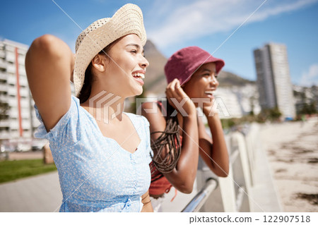 Summer, friends and beach, holiday with women looking happy and excited about an ocean view. Smile, travel and girls having fun on a seaside vacation, bonding and enjoying Los Angeles trip together 122907518