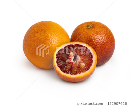 Three blood red oranges with shadow isolated. Full depth of field. 122907626