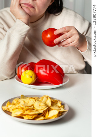 Vertical shot of Woman being tired of dieting. Boring healthy food. Overweight female choosing between vegetables and fried chips. Weight loss and diet concept. Vertical shot of Woman being tired of dieting. Boring healthy food. Overweight female choosing between vegetables and fried chips. Weight loss and diet concept. 122907774
