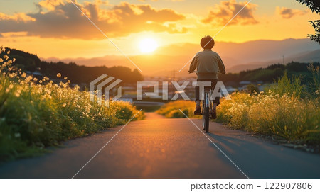 Man riding a bicycle into the sunset 122907806