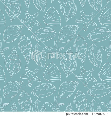 Seashell seamless pattern in line art style on turquoise background. Hand drawn undersea shell repeat texture for summer design. Seashell seamless pattern in line art style on turquoise background. Hand drawn undersea shell repeat texture for summer design. 122907808