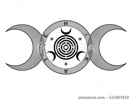 Triple Moon symbol on the Mother Seal of Hekate aka Hecate Greek Goddess of Witchcraft Underworld Necromancy Crossroads Spiritual Greco Roman Witch Wicca Sigil, vector isolated on white background 122907810