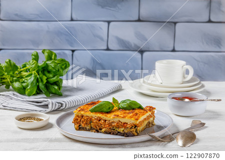 Moussaka, greek beef and eggplant dish, top view 122907870