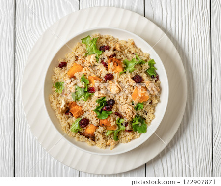 quinoa pumpkin salad in a bowl, top view quinoa pumpkin salad in a bowl, top view 122907871