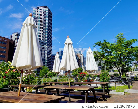 大阪市北區中之島公園玫瑰園的咖啡廳空間裡，一把收起的白色遮陽傘在藍天映襯下格外引人注目 122907879