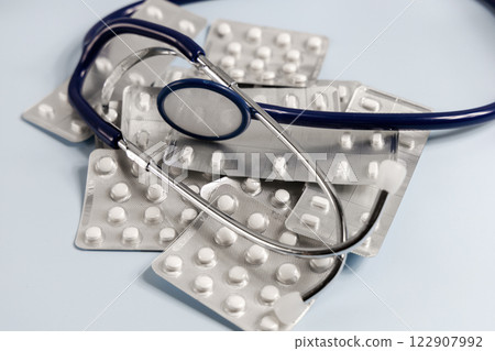 A bunch of pills in blister. Prescription medication 122907992