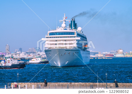 Yokohama cityscape in Japan, including the Crystal Symphony, which is making its first port visit. (Osanbashi Pier on the right) = February 13, 2025 122908032