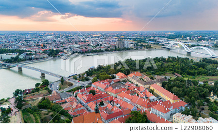 Aerial view of Novi Sad Serbia with Petrovaradin fortress and Danube river during sunset 122908060