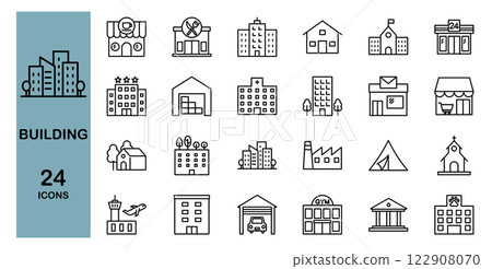 各種建築物的圖標集：建築物、房屋、公寓、辦公室、工廠、購物中心等。 122908070