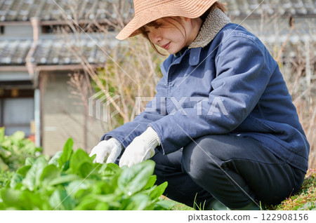 Woman working in the fields, country life, home garden Woman working in the fields, country life, home garden 122908156