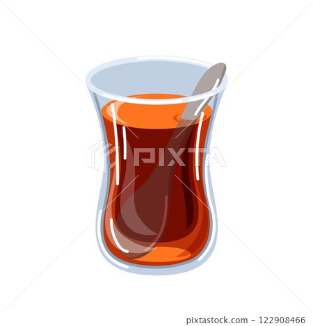 Traditional Turkish tea served in tulip shaped glass with spoon cartoon style. Perfect for beverage design, Turkish culture theme, cafe, restaurant menu or tea project. Isolated on white background. Traditional Turkish tea served in tulip shaped glass with spoon cartoon style. Perfect for beverage design, Turkish culture theme, cafe, restaurant menu or tea project. Isolated on white background. 122908466
