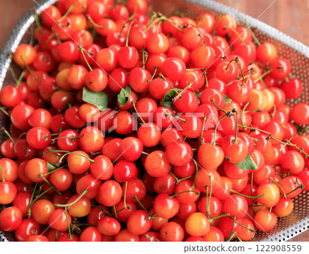 Fresh red cherry fruits in a container 122908559