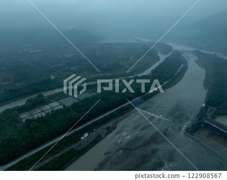 Aerial view of landscape in dujiangyan,Sichuan province,China Aerial view of landscape in dujiangyan,Sichuan province,China 122908567