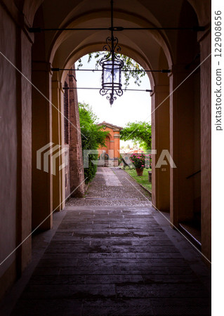 The winding narrow streets, stairs and charming architecture of Spoleto 122908656