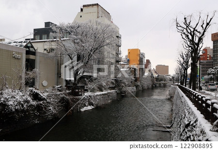 River, sidewalk and buildings after snow River, sidewalk and buildings after snow 122908895