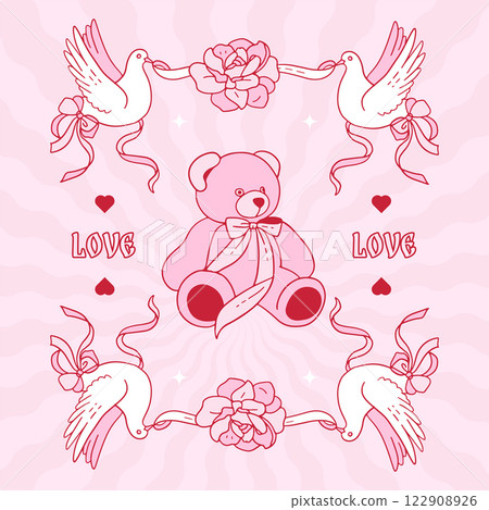 Mystical Retro Pink Square Card with Teddy and doves. Trendy esoteric style. Valentines day. Retro sacred vibe. Girly Tarot card aesthetics. Magic Design elements. Contour vector composition Mystical Retro Pink Square Card with Teddy and doves. Trendy esoteric style. Valentines day. Retro sacred vibe. Girly Tarot card aesthetics. Magic Design elements. Contour vector composition 122908926