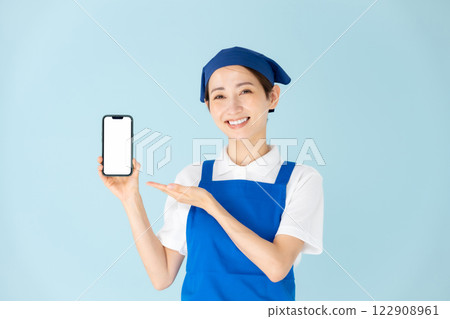 女人，圍裙，兼職，兼職工作，智慧型手機，微笑 122908961