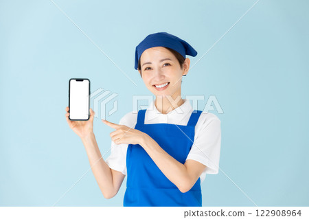女人，圍裙，兼職，兼職工作，智慧型手機，微笑 122908964