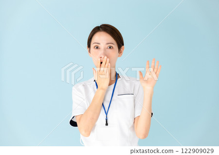 Woman, white coat, nurse, medical, surprised 122909029