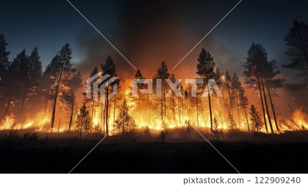 Intense wildfire consuming forest at twilight with dramatic flames illuminating the darkening sky. Generative AI 122909240