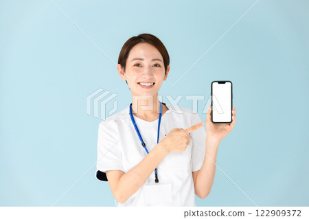 Woman, white coat, nurse, medical, smartphone Woman, white coat, nurse, medical, smartphone 122909372