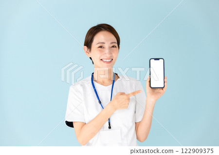 Woman, white coat, nurse, medical, smartphone Woman, white coat, nurse, medical, smartphone 122909375