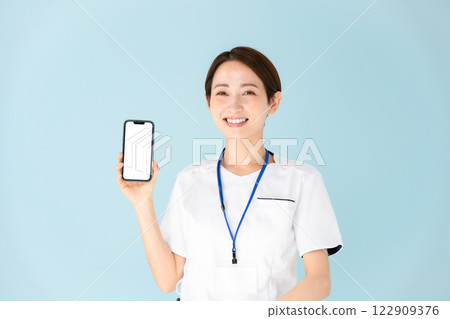 Woman, white coat, nurse, medical, smartphone Woman, white coat, nurse, medical, smartphone 122909376