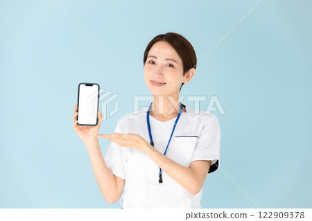 Woman, white coat, nurse, medical, smartphone Woman, white coat, nurse, medical, smartphone 122909378