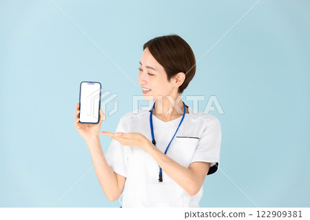 Woman, white coat, nurse, medical, smartphone Woman, white coat, nurse, medical, smartphone 122909381