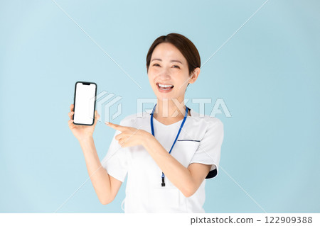 Woman, white coat, nurse, medical, smartphone Woman, white coat, nurse, medical, smartphone 122909388