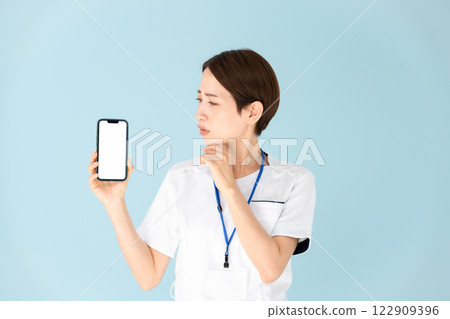 Woman, white coat, nurse, medical, smartphone, trouble Woman, white coat, nurse, medical, smartphone, trouble 122909396