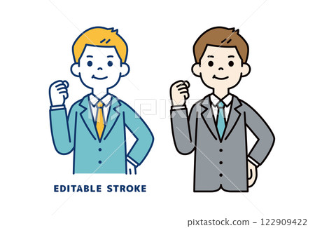 Vector illustration of a young businessman doing a fist pump_Line width can be edited 122909422