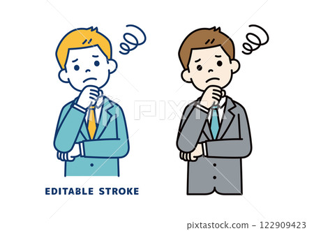 Vector illustration of a young businessman with his hand on his chin, worried - line width can be edited 122909423