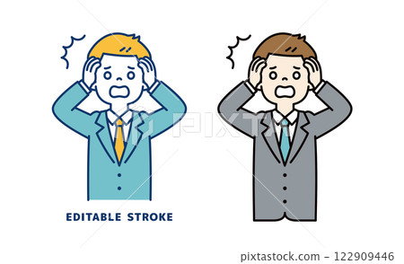 Vector illustration of a young businessman holding his head and being shocked_Line width can be edited 122909446