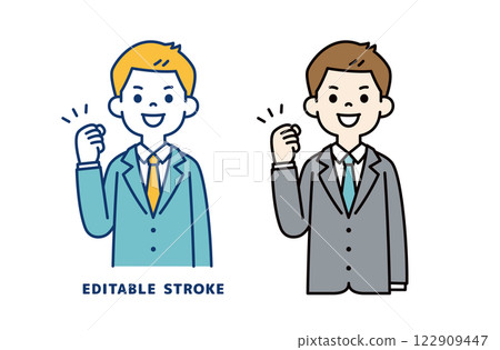 Vector illustration of a young businessman smiling and posing with his fist in the air_Line width can be edited 122909447