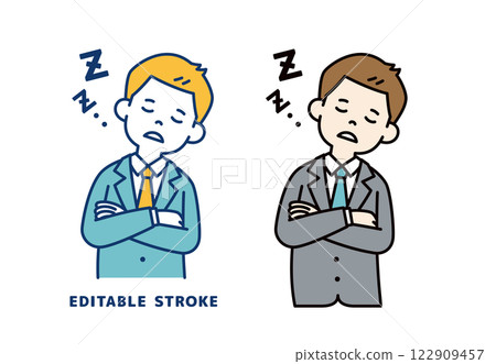 Vector illustration of a young businessman taking a nap with his arms folded_Line width can be edited 122909457