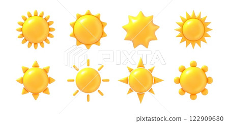 3d sun icons. Sunlight yellow symbol, solar orb with sunrays, sunny day and warmth sign. Sunshine glossy element, cute bright sun star Isolated realistic vector icon set 3d sun icons. Sunlight yellow symbol, solar orb with sunrays, sunny day and warmth sign. Sunshine glossy element, cute bright sun star Isolated realistic vector icon set 122909680