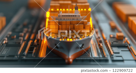 detailed 3D visualization of cargo ship with illuminated containers, showcasing modern shipping 122909722