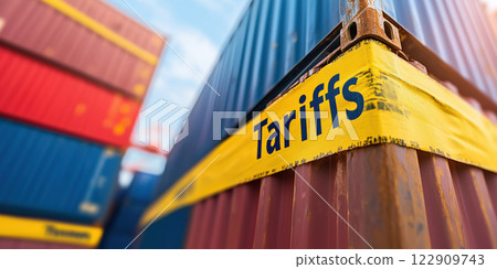 Tariffs on shipping containers with colorful stacks in background 122909743