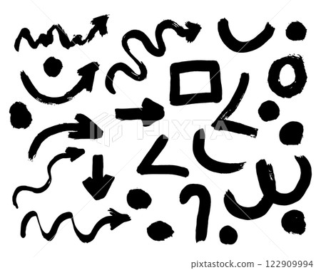 Grunge elements and arrows vector. Brush paint black. Ink brush strokes arrows. Vector design grunge elements. Vector abstract arrows. 122909994
